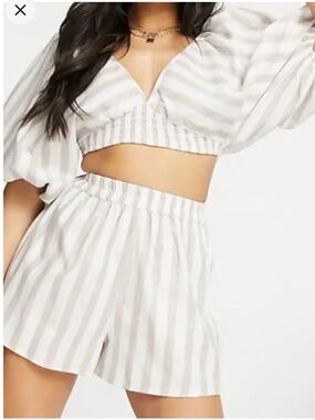 ASOS Design Stripped Puff Sleeves Crop Top & Shorts Set Beige White Women’s 14